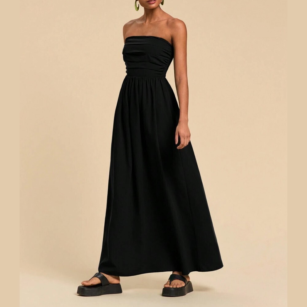 Black Strapless Midi Dress with Ruched Bodice - Picture 4 of 6